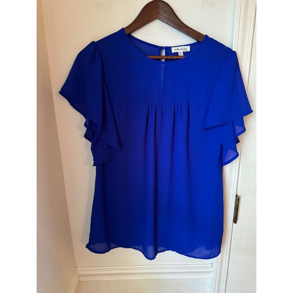 Faith and Joy by Monteau Royal Blue Flutter Sleeve Chiffon Blouse M28034 Medium